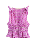 V-neck Sleeveless Embroidery Hollow Out Elastic Waist Crop Top