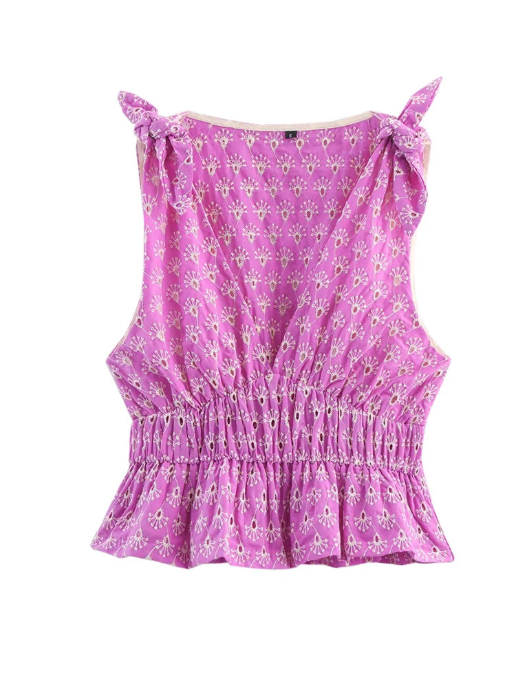 V-neck Sleeveless Embroidery Hollow Out Elastic Waist Crop Top