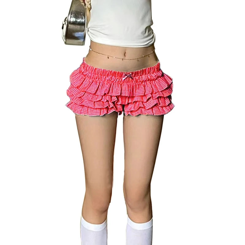 Layered Ruffle Plaid Shorts Lolita-Inspired Vintage Bloomers with Low Waist