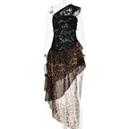 Leopard Patchwork Lace Dress One Shoulder With Ruffle Sheer Elegance