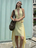 Y2K Inspired Two Piece Set Featuring Lace Up Backless Tank Top And Irregular Ruched Skirt