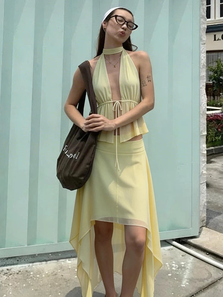 Y2K Inspired Two Piece Set Featuring Lace Up Backless Tank Top And Irregular Ruched Skirt