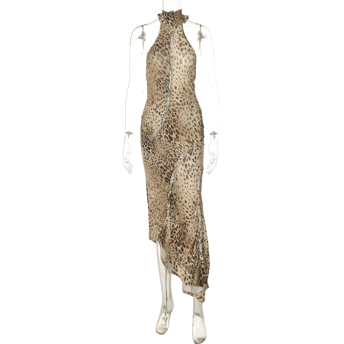 Leopard Print Turtleneck Sleeveless Backless Maxi Dress With Cutout Slit