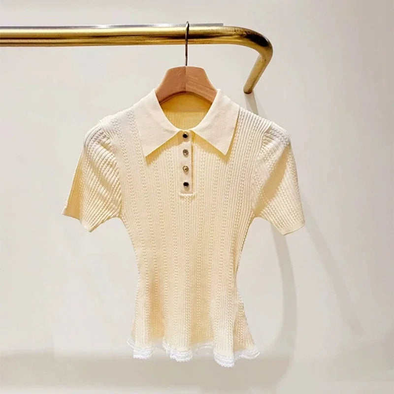 French Hem Lace Stitching Twist Knit Sweater With Turn Down Collar Slim Short Sleeve Top