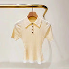 French Hem Lace Stitching Twist Knit Sweater With Turn Down Collar Slim Short Sleeve Top