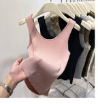 Knitted Strap Top With Clavicle Square Collar