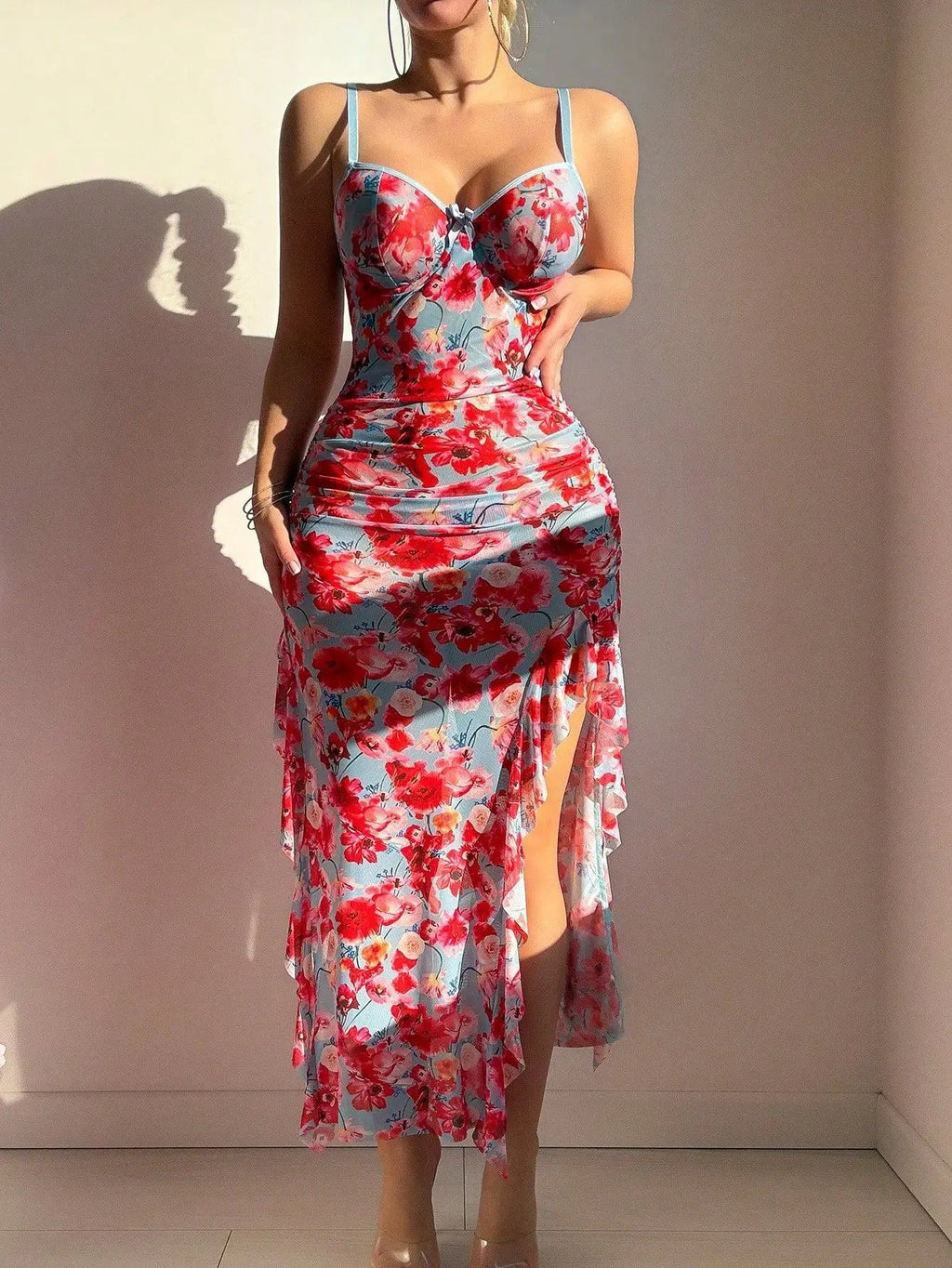 Floral Long Babydoll Nightgown With High Slit