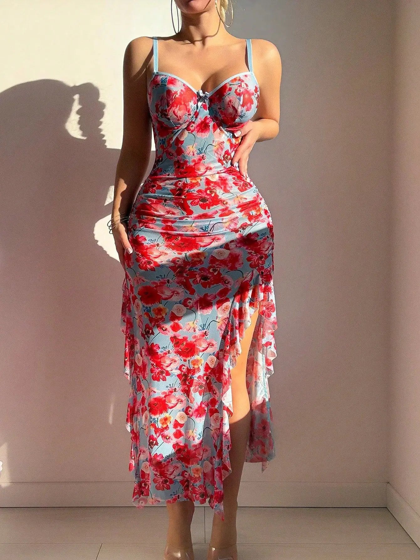 Floral Long Babydoll Nightgown With High Slit