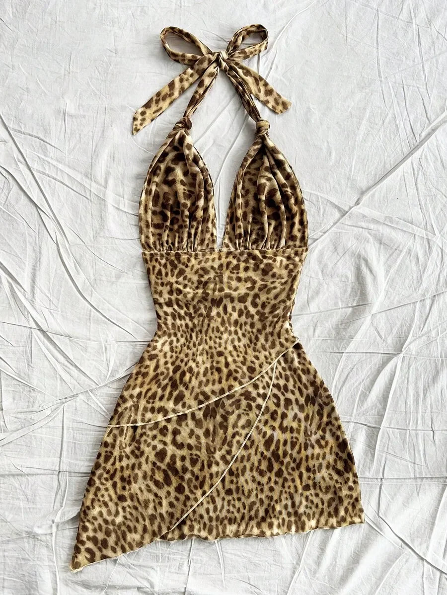 Leopard Halter Neck Mini Dress With Tie Up Front And Ruffle Hem