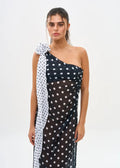 Cute Dot Design One Shoulder Bikini Set With Long Sleeve Backless Hollow Out Sheer Skirt