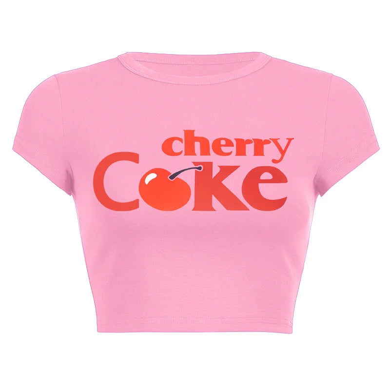 Kawaii Cherry Print Cropped Tee With Vintage Graphic Style Short Sleeve Top