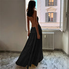 Off Shoulder Backless Evening Dress With Pleats And Ruffled Edges Diagonal Collar Floor Length