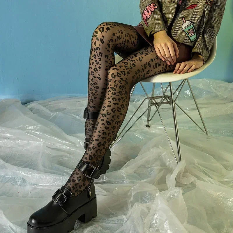 Gothic Leopard Sheer Stockings With Transparent Finish Seamless Pantyhose Edge