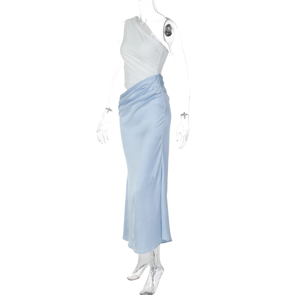 One Shoulder Backless Patchwork Maxi Dress With Sleek