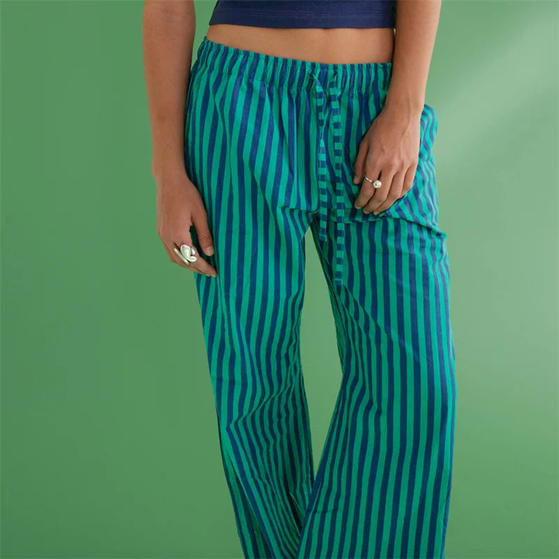 Striped Wide Leg Drawstring Pants With Pockets Elastic Waist Flared Baggy