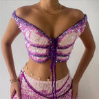 Butterfly Sequin Knit Crochet Crop Top Off Shoulder Backless