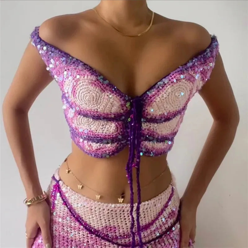 Butterfly Sequin Knit Crochet Crop Top Off Shoulder Backless