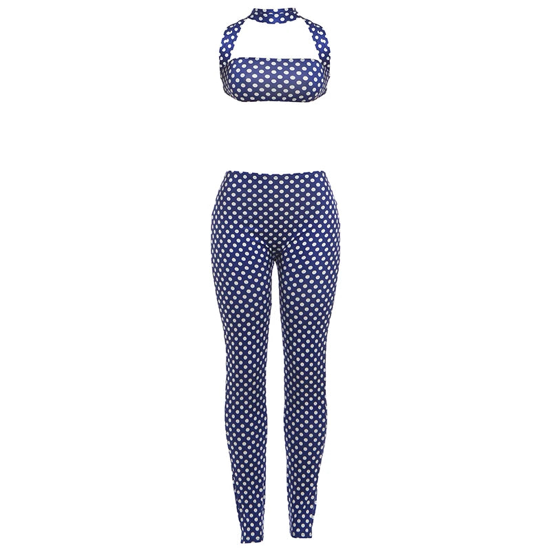 Dot Print Halter Top And Slim Leggings Set