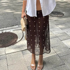 Polka Dot Sheer Midi Skirt With Mesh Details Flowy Maxi
