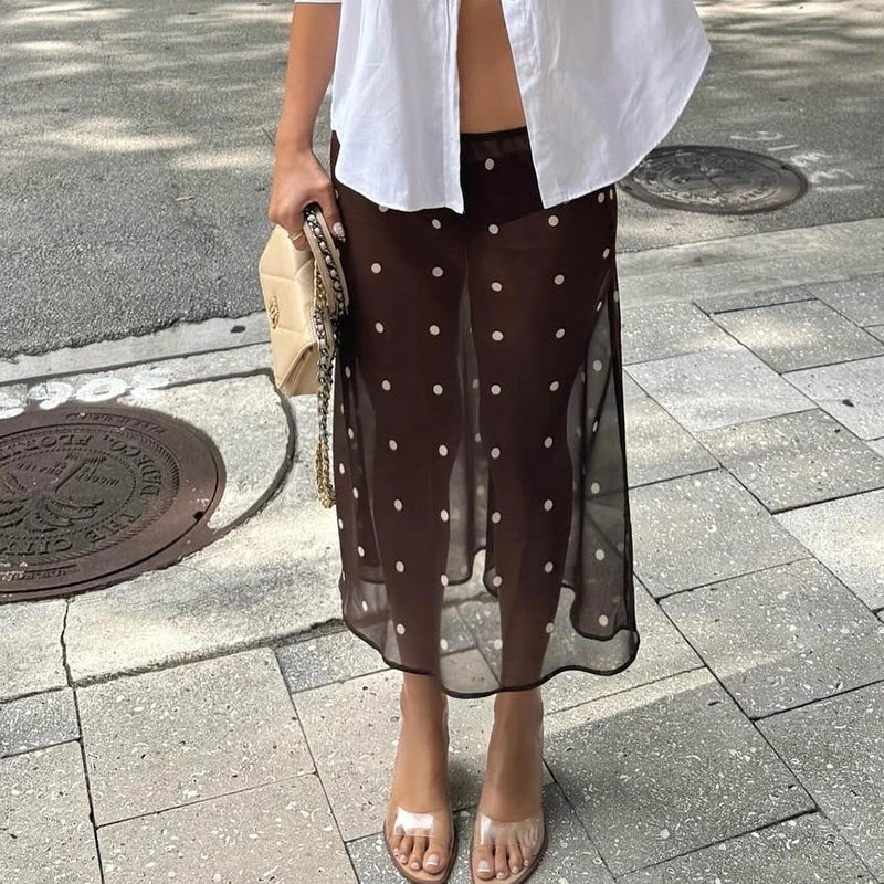 Polka Dot Sheer Midi Skirt With Mesh Details Flowy Maxi