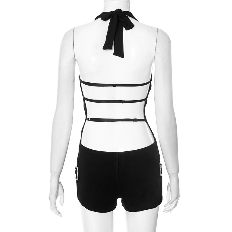 Sleek Hollow Out Halter Jumpsuit Short Romper