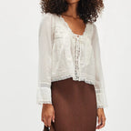 Dreamy Lace Patchwork Sheer Long Sleeve Blouse With Square Neck And Tie Front Crop Top
