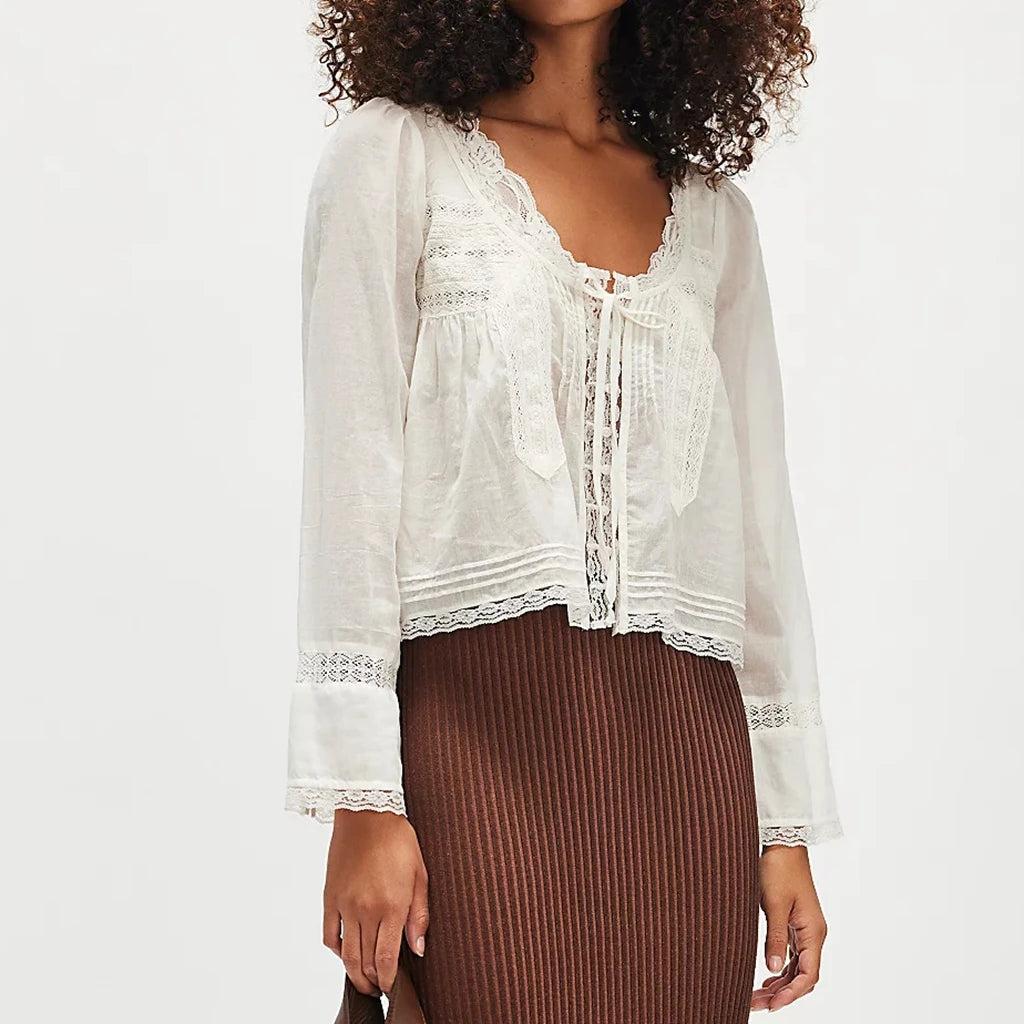 Dreamy Lace Patchwork Sheer Long Sleeve Blouse With Square Neck And Tie Front Crop Top