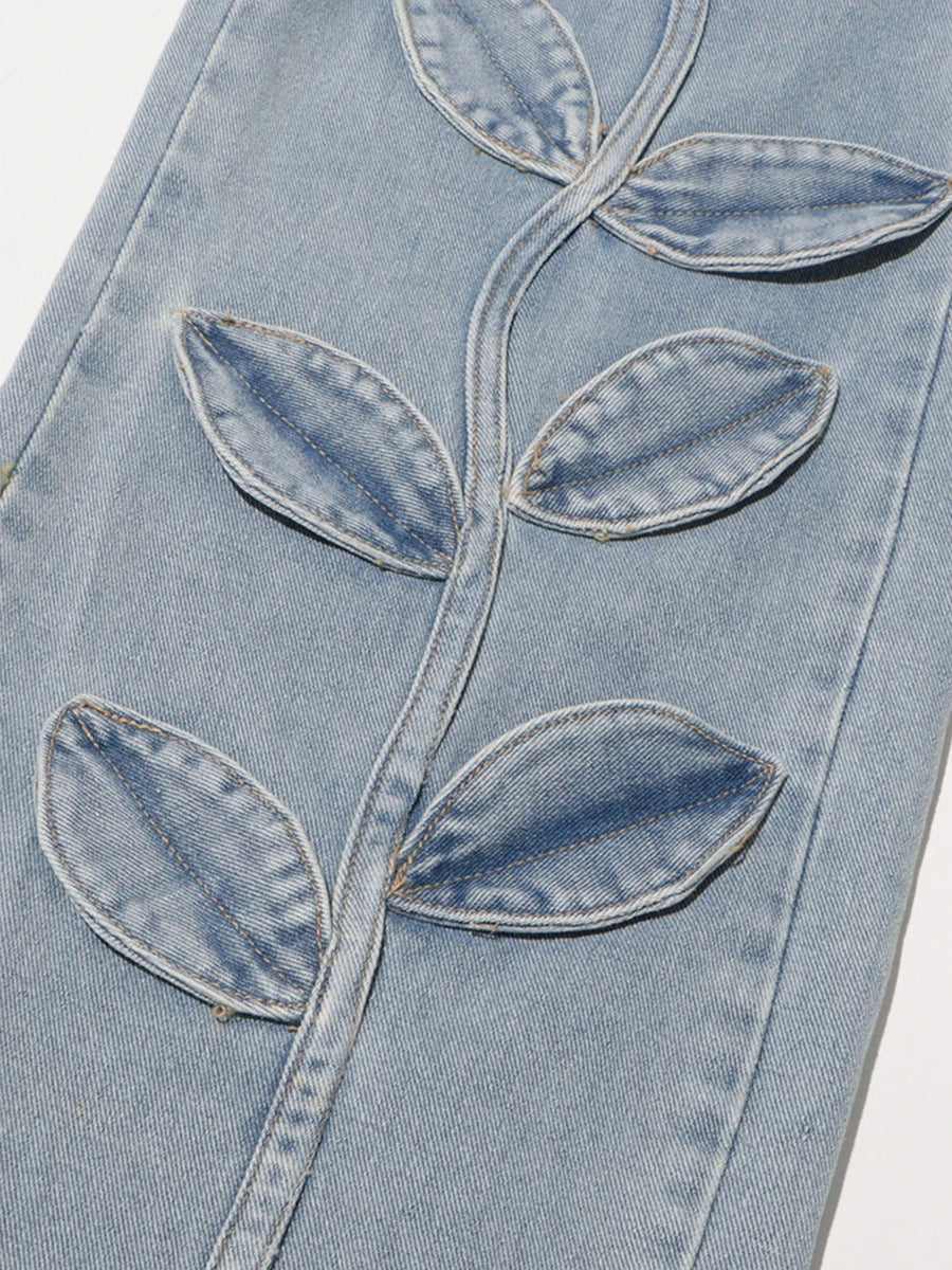 Floral Design Sense Casual Denim Trousers For Women High Waist Spliced Button  Loose Wide Leg Pants