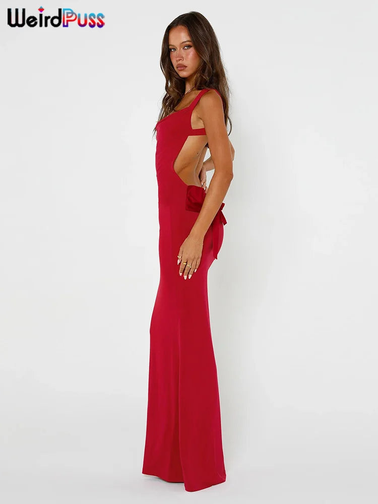 Chic Backless Maxi Dress With Bow Lace Up Details For Evening