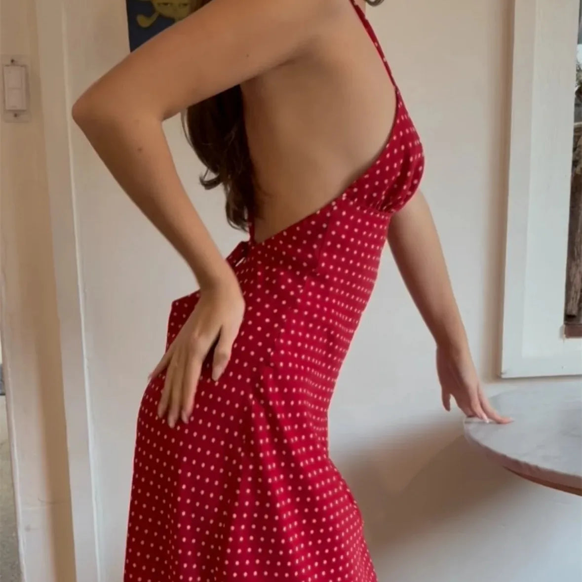 Sweet Polka Dot V Neck Maxi Sundress With Tie Back Spaghetti Straps Slim A Line