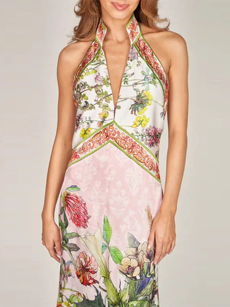 Flirty Printed Halter Backless Dress For Summer Party Chic Evening Outfits Slim High Waist