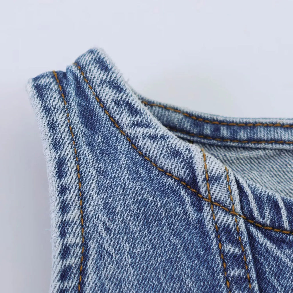 Casual Denim Mini Dress For Women Sleeveless Round Collar Single Breasted Slim Fit