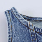 Casual Denim Mini Dress For Women Sleeveless Round Collar Single Breasted Slim Fit