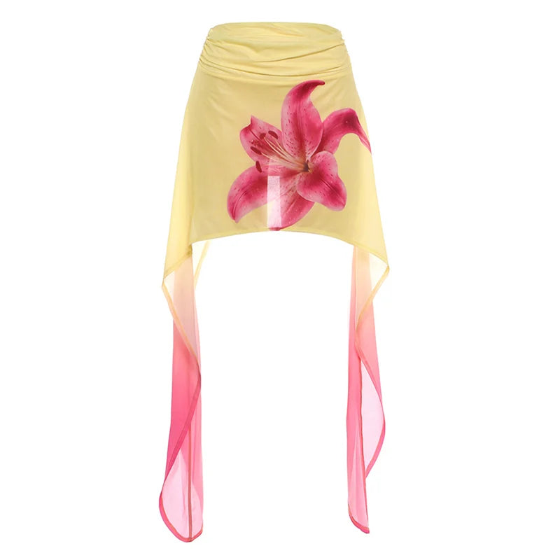 Floral Print Mini Skirt With Elastic Waist Gradient Mesh Tassel Detail