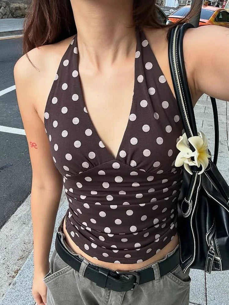 Polka Dot Halter Tank Top With Backless Lace Up Detail Chic Summer