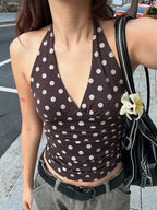 Polka Dot Halter Tank Top With Backless Lace Up Detail Chic Summer