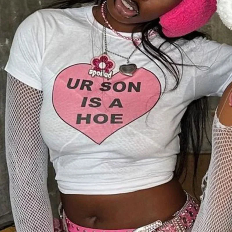 Y2K Heart Print Crop Top ONeck Gothic Grunge Hip Hop Style With Short Sleeves For Women