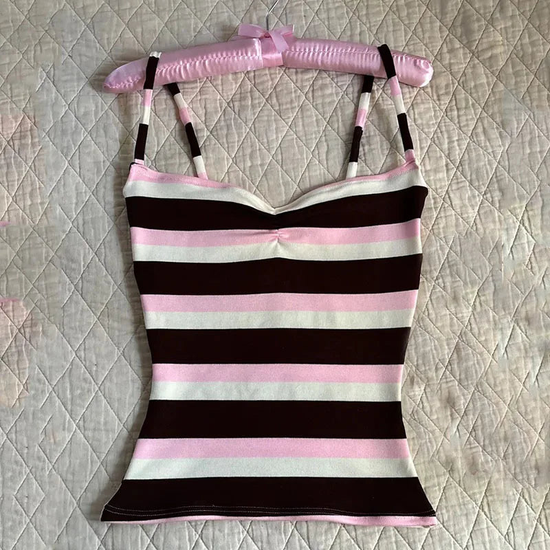 Retro Striped Vest Camisole Top With Color Block Detail