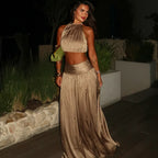 Two Piece Set Solid Color O Neck Top With Backless Lace Up And High Waist A Line Skirt