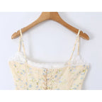 Sunlit Yellow Floral Corset Top With Lace Trim And Delicate Spaghetti Straps