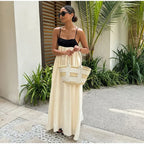 Contrast Splicing Loose Sling Long Women Square Collar Sleeveless Backless High Waist Dress