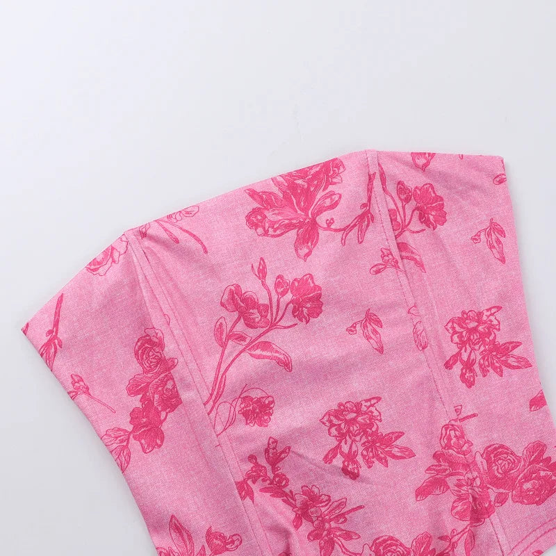 Strapless Printed Corset Top With Lace Up Details Hollow Out