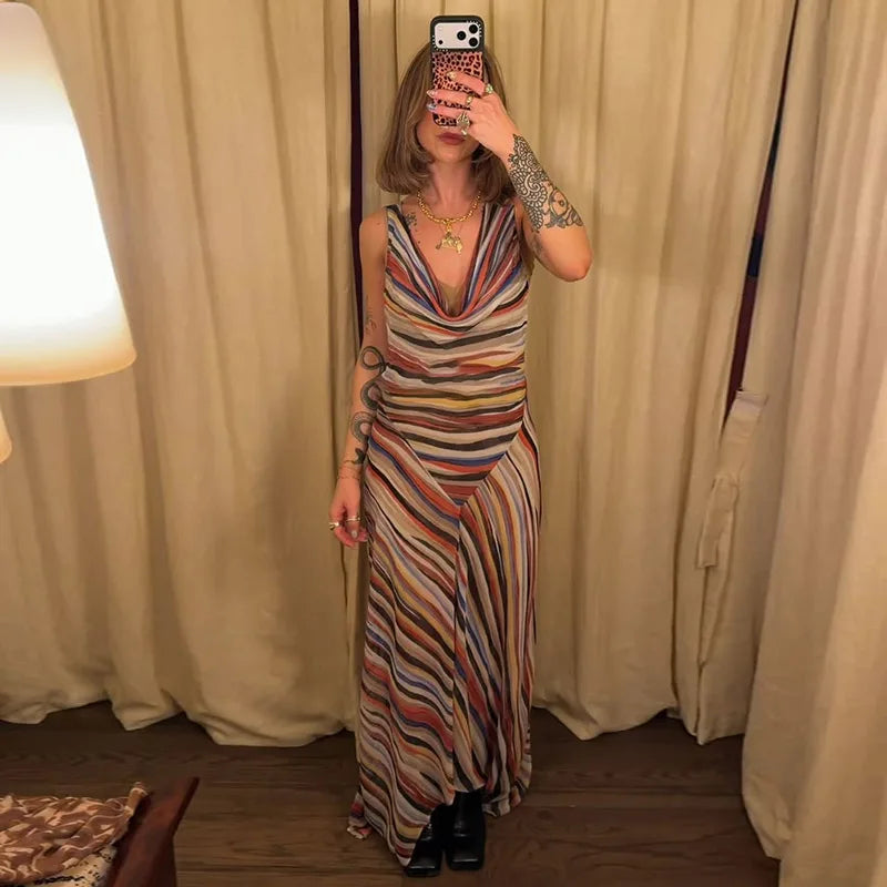 Colorful Stripe Sleeveless Midi Dress