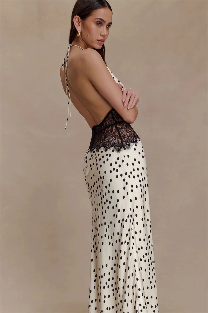 Polka Dot Backless Maxi Dress With Lace Patchwork Halter Neck Deep V Bodycon Evening Gown