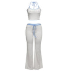Halter Crop Top Two Piece Set With Drawstring Flare Pants Bold Letter Print