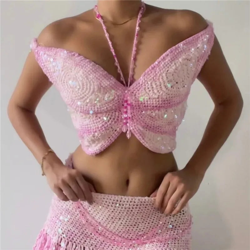 Butterfly Sequin Knit Crochet Crop Top Off Shoulder Backless