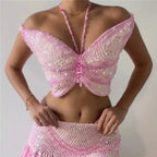Butterfly Sequin Knit Crochet Crop Top Off Shoulder Backless
