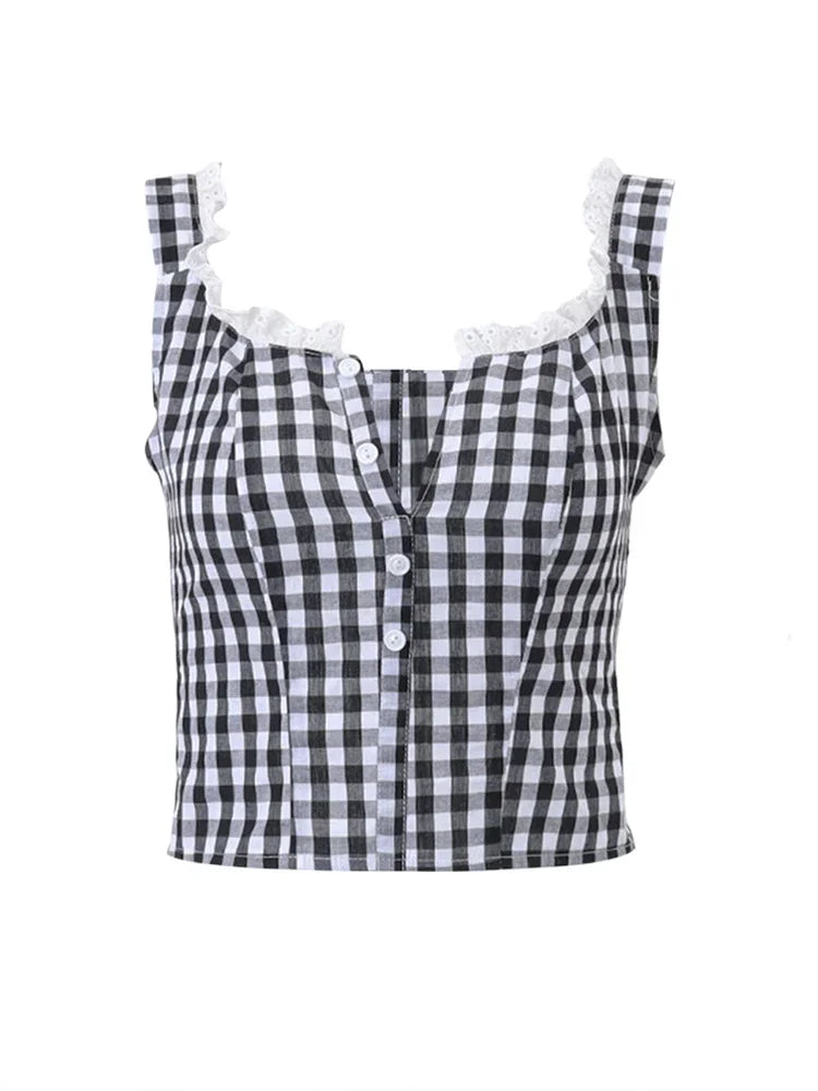 Retro Plaid Tank Top With Lace Trim Sleeveless Cropped Button Down Backless