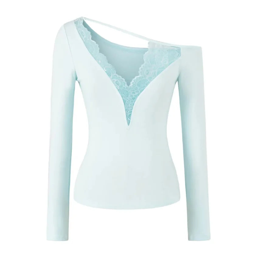 Soft Cotton Long Sleeve Lace Trim V Neck Top Feminine Style