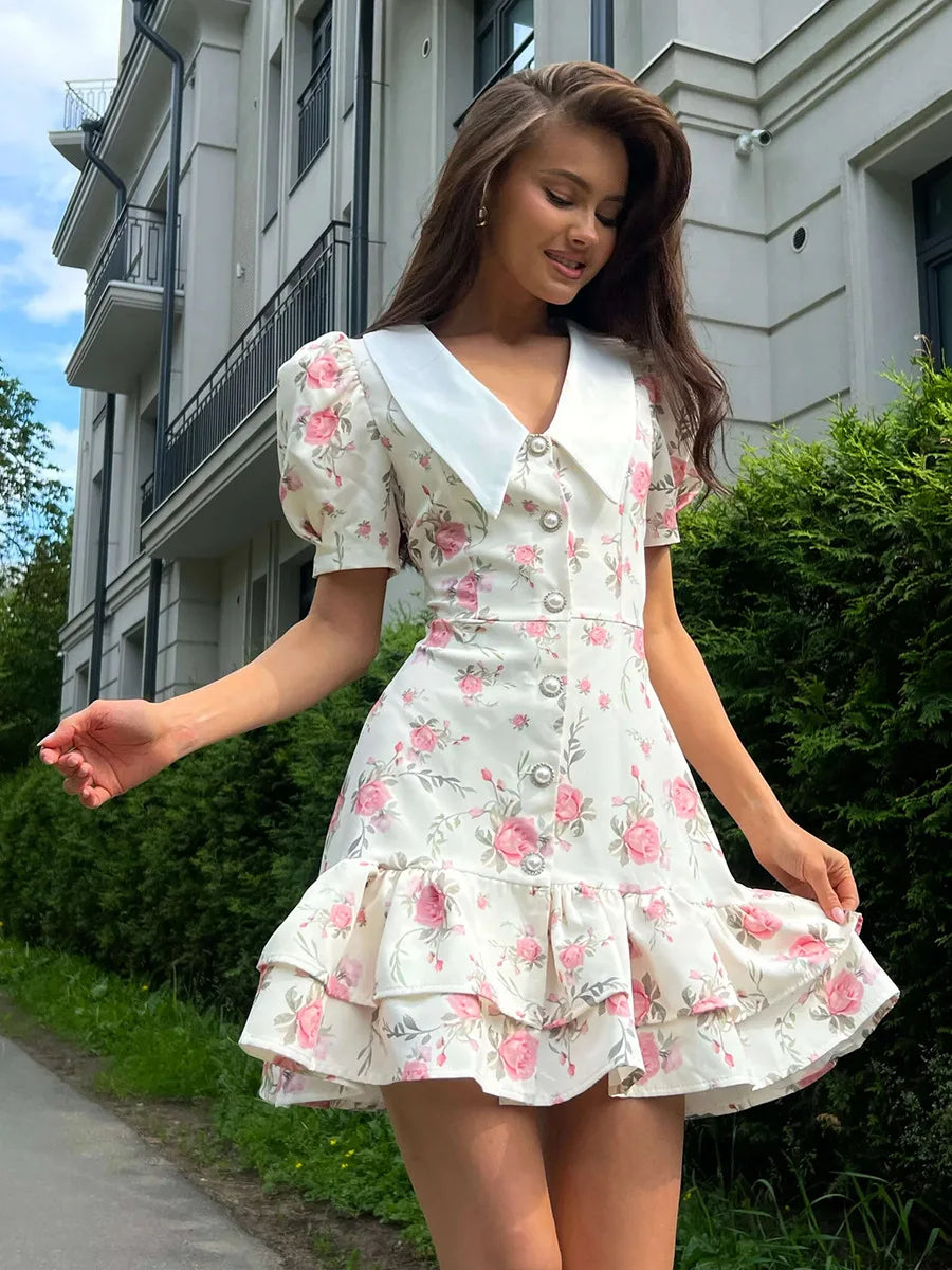 Puff Sleeves Ruffled Mini Dress With Pearl Buttons